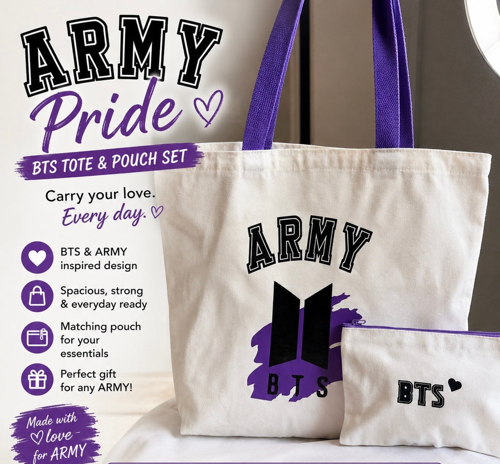 White tote bag with 'ARMY' and BTS branding, featuring purple handles and text.