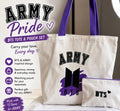 White tote bag with 'ARMY' and BTS branding, featuring purple handles and text.